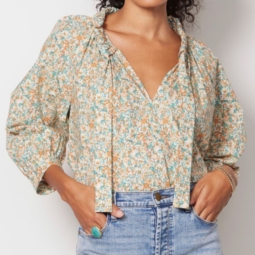 Rails Amal Multi Color Ditsy Floral Peasant Style Blouse with Neck Tie Boho Sz M